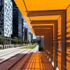 Orange glass at a tram station in Bjørvika, Oslo.